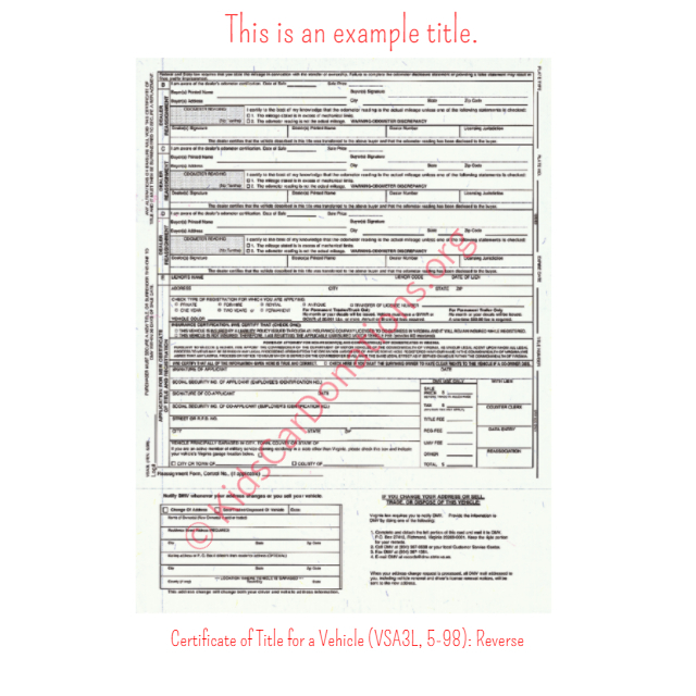 This is an Example of Virginia Certificate of Title for a Vehicle (VSA3L, 5-98) Reverse View | Kids Car Donations